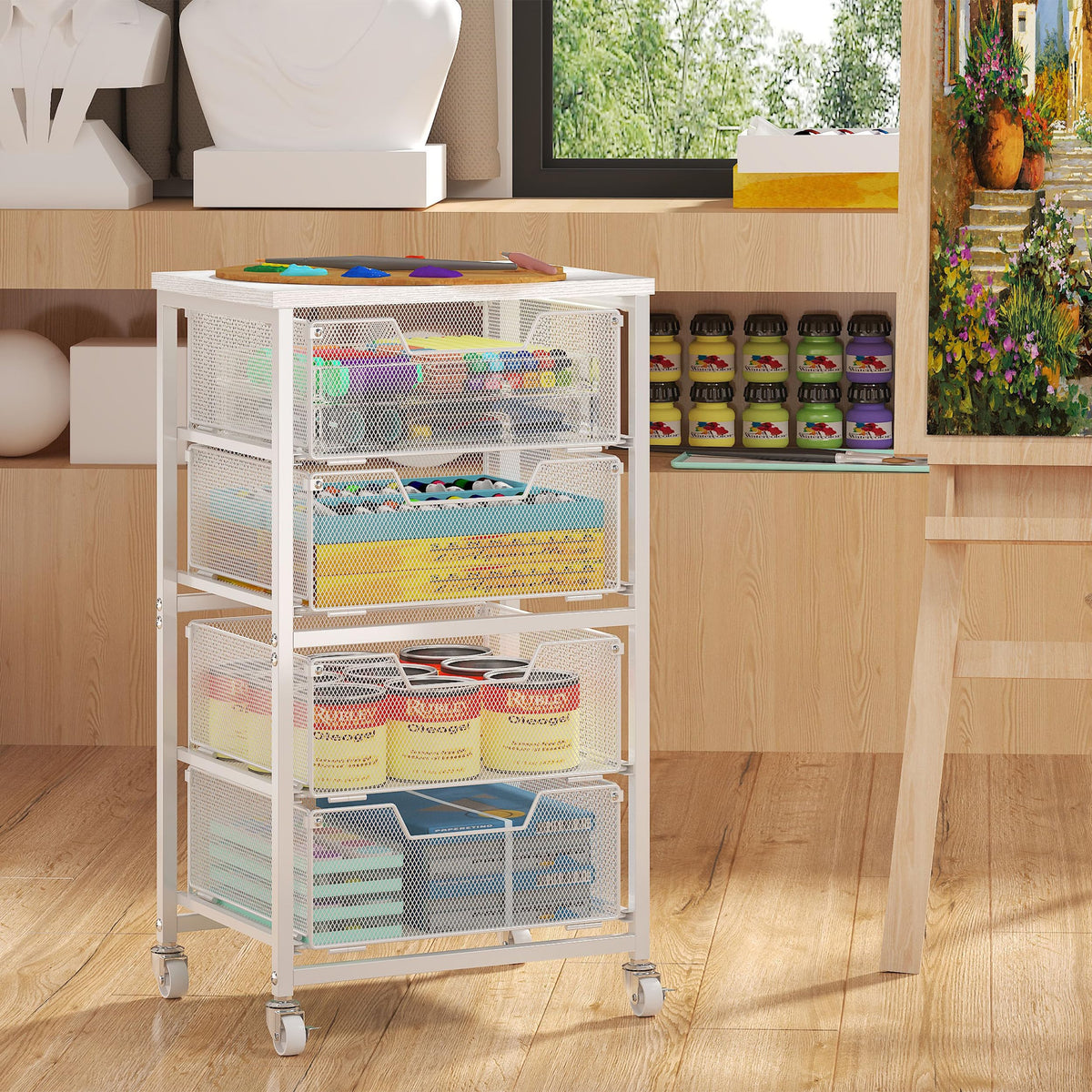 White 4 Drawer Rolling Storage Cart with Wooden Top C7582
